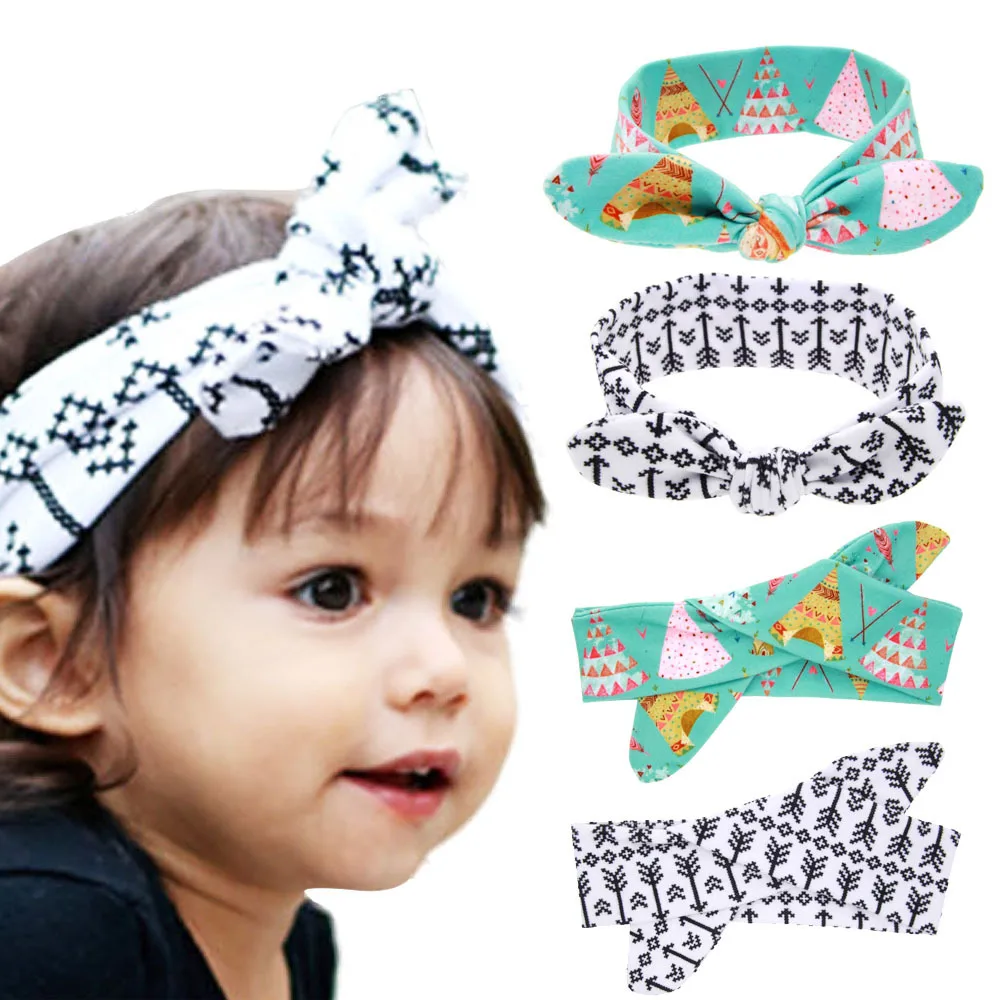 10pcs 2016 New Girl Rabbit Ear Headband Mini House Arrow Print Hairband Bow Knot Turban Hair Band Accessories