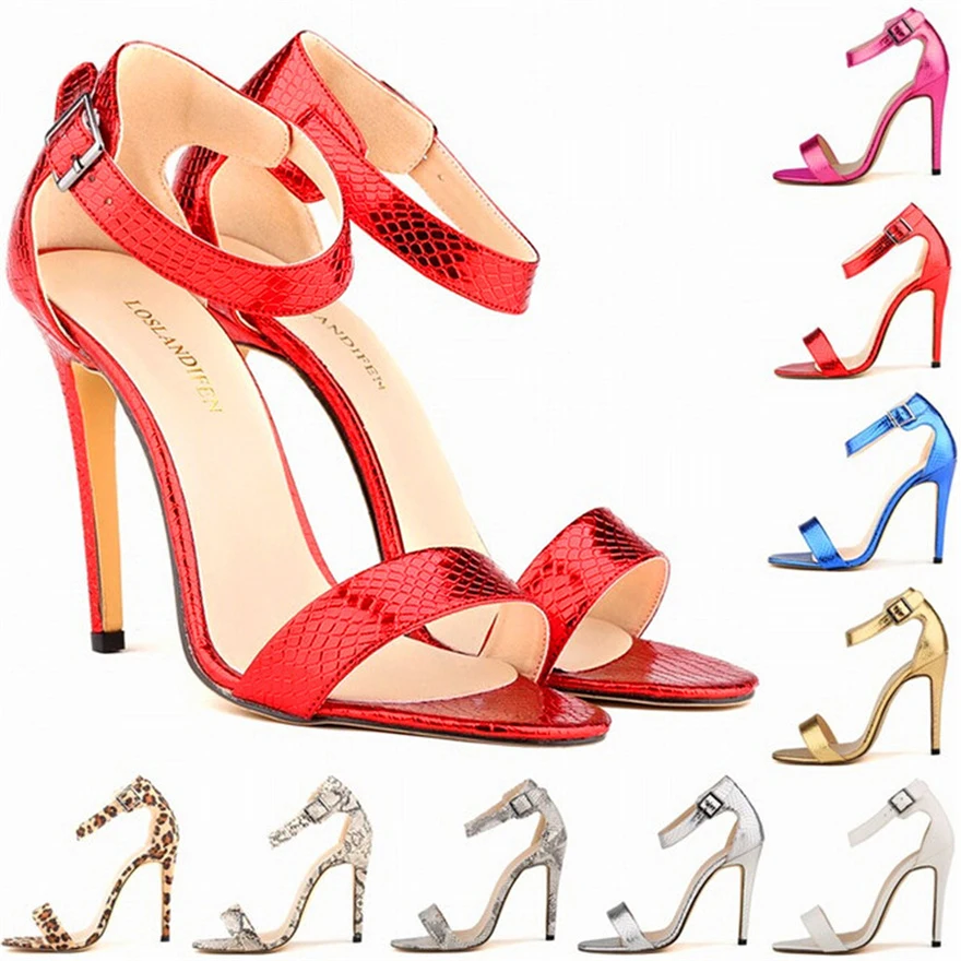 

LOSLANDIFEN Sexy Stiletto Party Sandals Women Open Toe Ankle Buckle High Heels Pumps New Faux Crocodile Lady Wedding Dress Shoes