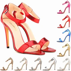 LOSLANDIFEN Sexy Stiletto Party Sandals Women Open Toe Ankle Buckle High Heels Pumps New Faux Crocodile Lady Wedding Dress Shoes