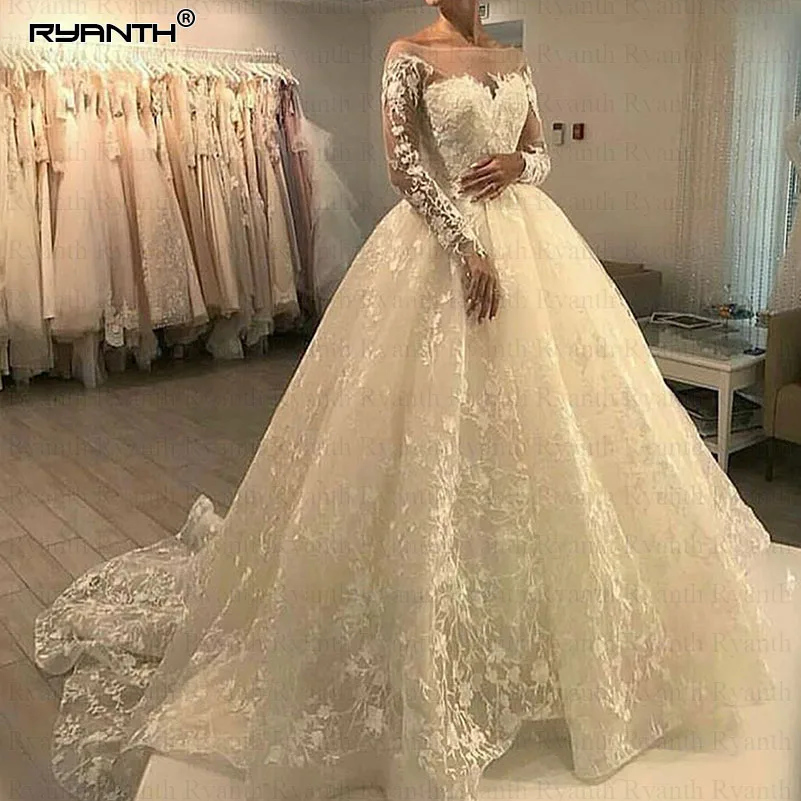 

Свадебные платья с длинным рукавом Vestido De Noiva 2023, Бальное кружевное платье-лодочка, женское роскошное платье невесты