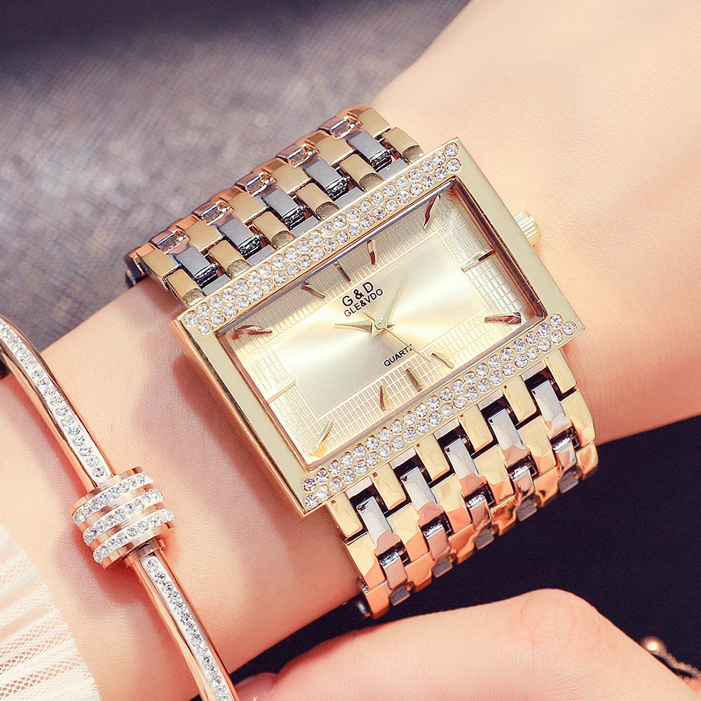 G&D Brand Women Watches Fashion Rectangle Case Quartz Clock Luxury Crystal Golden Bracelet Wristwatch Ladies Watch