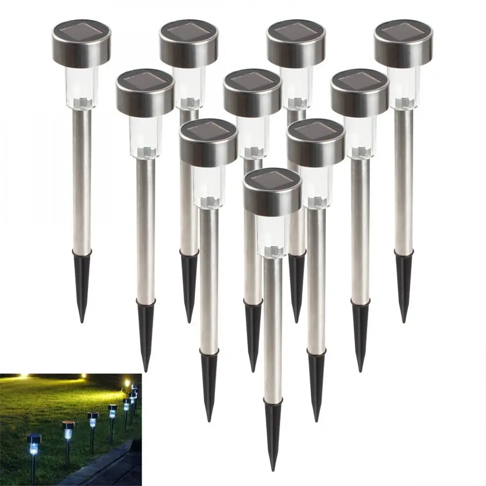 10pcs/lot Stainless Steel White Light LED Solar Lawn Light for Garden Decor Outdoor Waterproof IP65 Bollard Solar Stick Lights