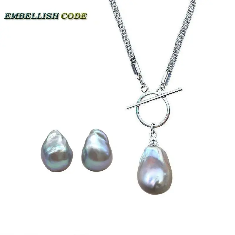 

New color gray grey baroque pearl net chain necklace pendant stud earring nucleated flameball freshwater natural pearls women