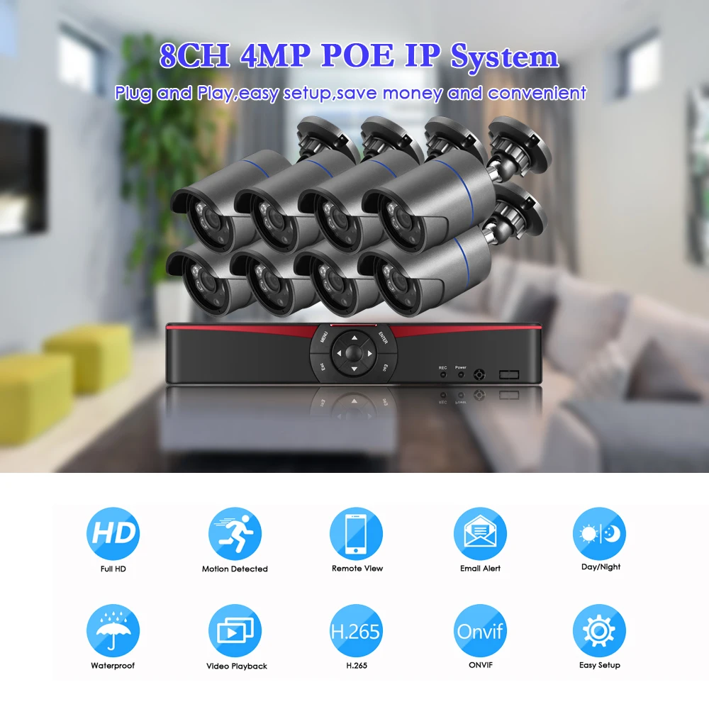 Gadinan 8CH 4MP HDMI POE NVR Kit CCTV Security System Outdoor Audio Record 4MP IP Camera Video Surveillance Set with 2TB HDD