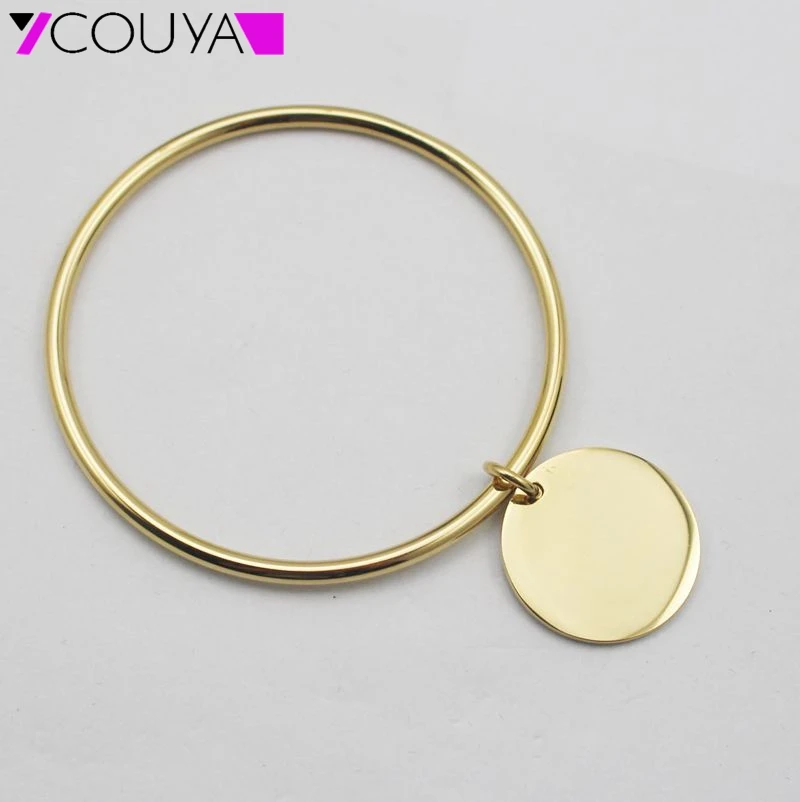 Hot Sale  Gold Color Stainless Steel Simple Round Plain Tag Charm Bangle Bracelet for Women Fashion Jewelry Wholesale