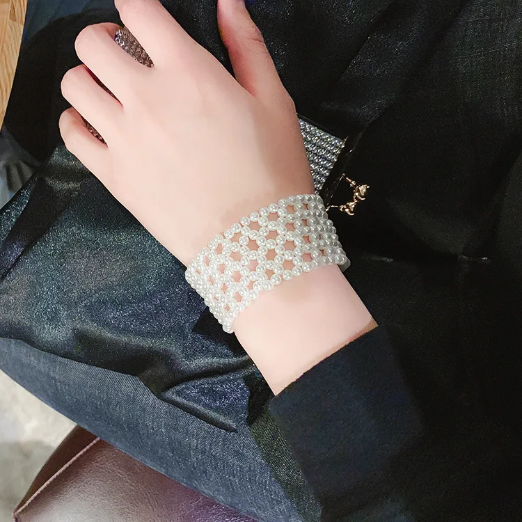 White Pearl Fashion Jewelry Weave Bracelet elastic wide bracelet for Women Summer Jewelry 2019 New Brincos