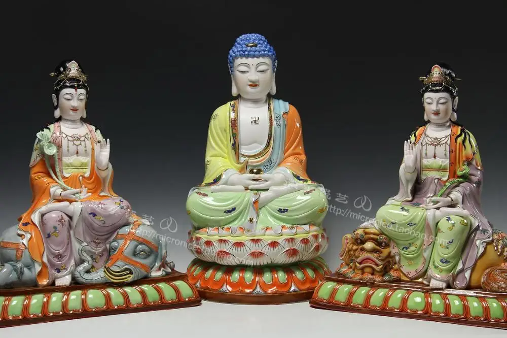 16 inch underglaze Sam Kegon Buddha Manjusri Bodhisattva Samantabhadra Buddha Shakya Muni ceramic ornaments