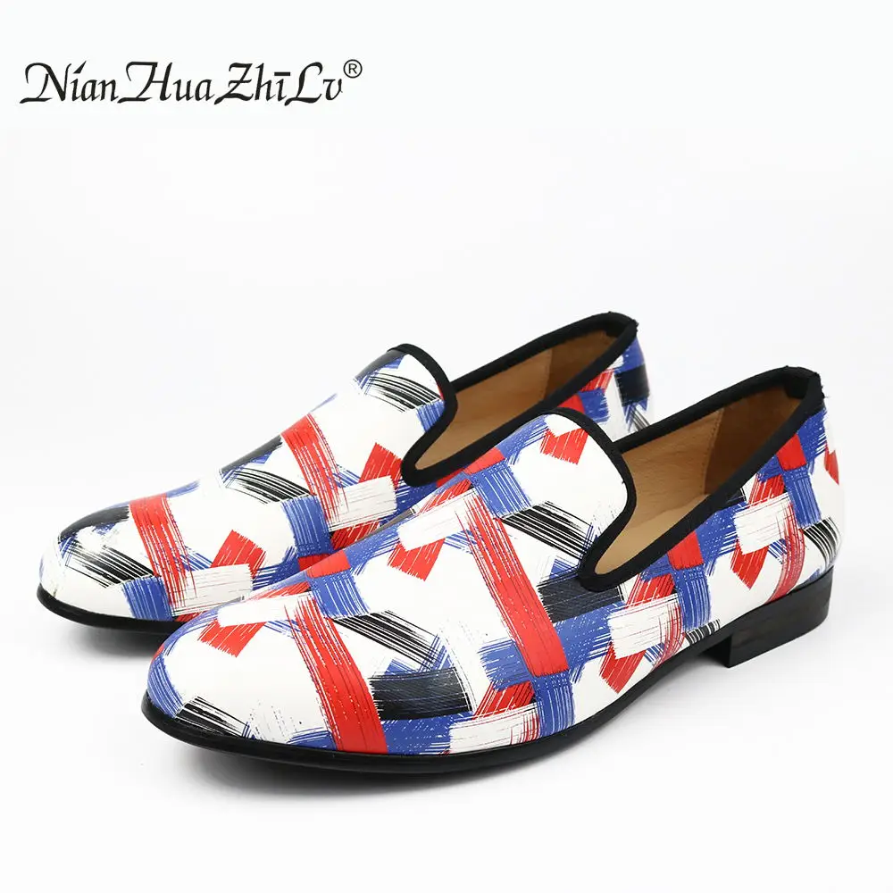 XQWFH Men Leather Shoes Mixed Colors Printed Loafers Fashion Handmade Casual Shoes Men\'s Party Wedding Dress Shoes Smoking Flats