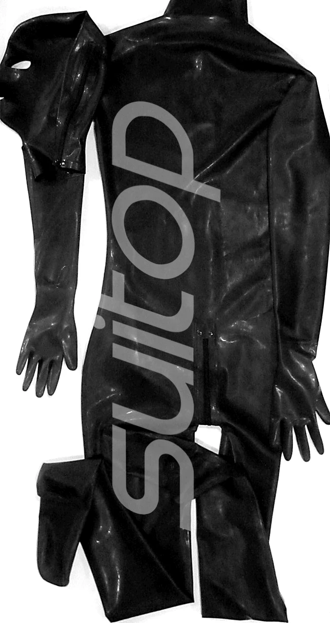 Full body cover latex catsuit with front zipper to butt hoods separate (inclduing gloves socks attached)