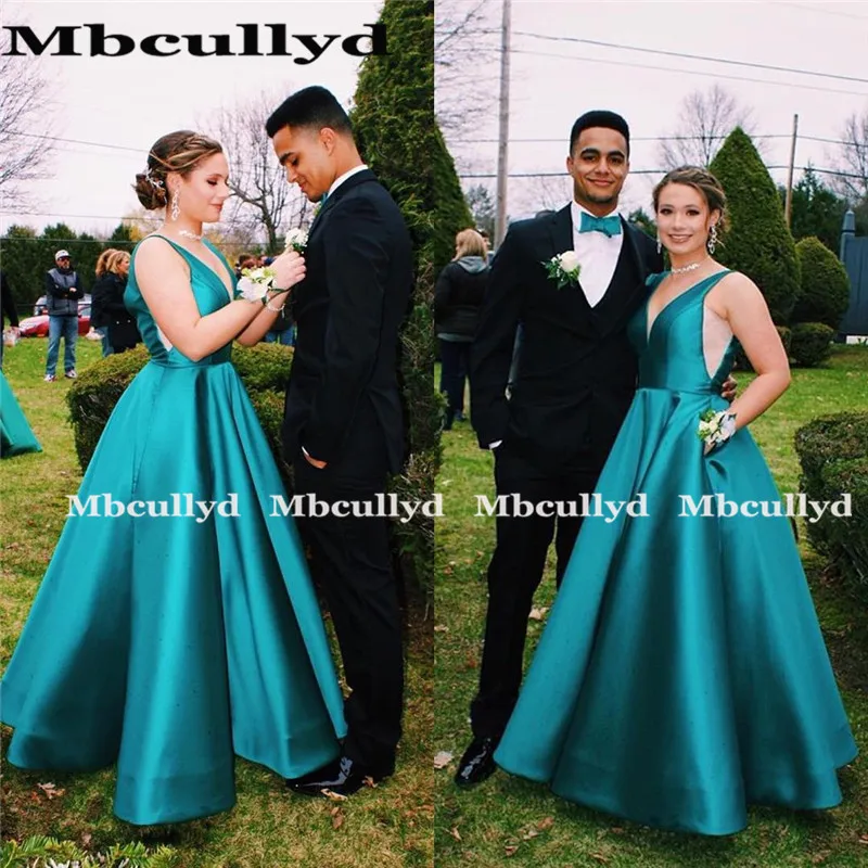 Mbcullyd Turquoise A-line Prom Dresses Long 2023 Women Sheer V-neck Formal Evening Dress With Pocketsvestidos de fiesta de noche