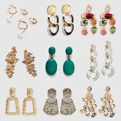 Flatfoosie  2019 Fashion Dangle Earrings For Women Vintage Gold Color Statement Boho Resin Long Drop Earring Brincos Jewelry