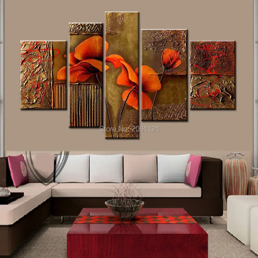 

handpainted 5 piece BROWN decorative oil paintings on canvas wall art LARGE thick WALL pictures for living room home decor SETS