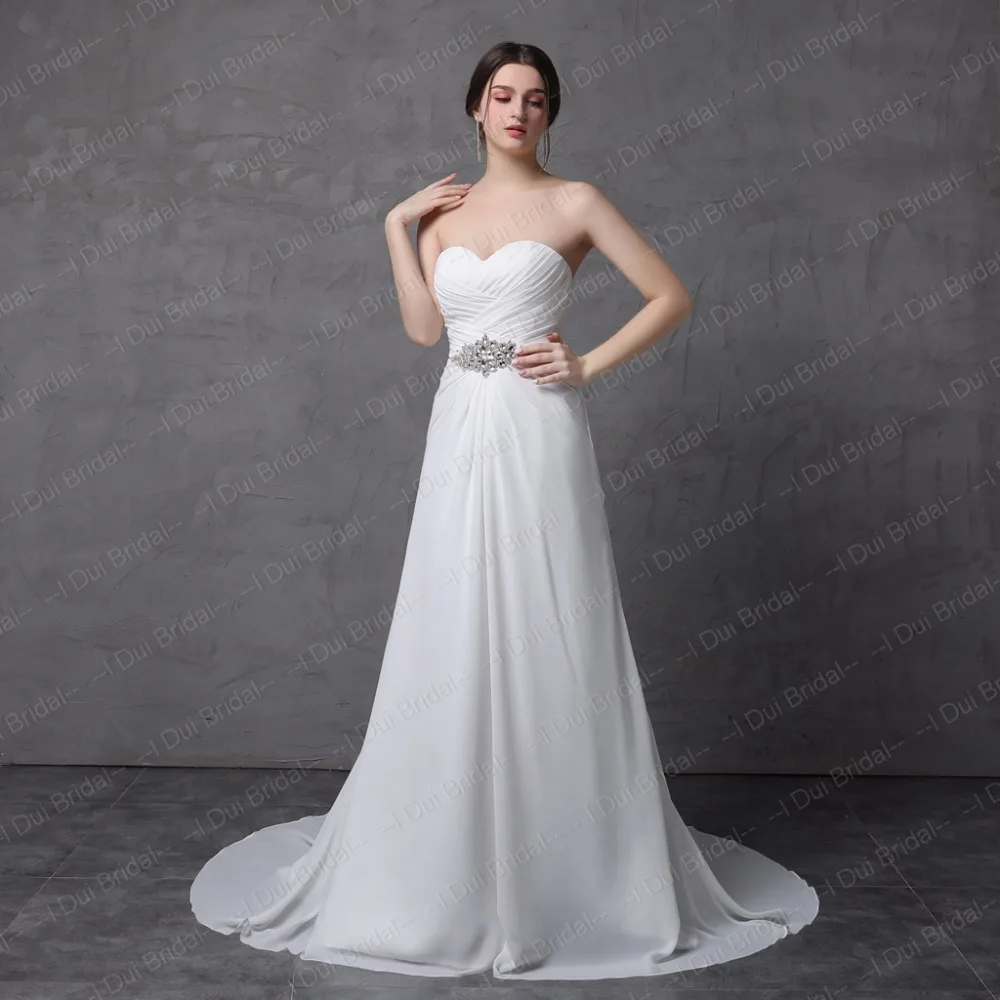 Simple A line Chiffon Wedding Dress with Rhinestone Belt Sweetheart Strapless Long Bridal Gown Real Photo