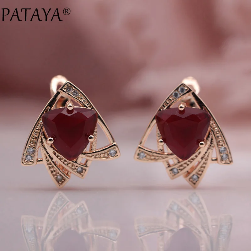 PATAYA New Arrivals 585 Rose Gold Color Triangular Cubic Zirconia Dangle Earrings Women Wedding Party Earring Fine Cute Jewelry