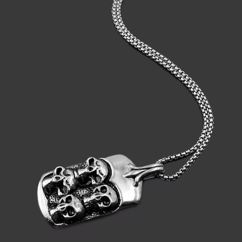 Present hiphop stainless steel men dog tag 4 skull HEAD necklaces for soldier heavy skeleton pendant silver color V P1260