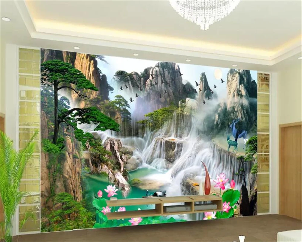 Custom 3D Wallpaper Waterfall Forest Landscape Lotus Deer Art Mural Life Bedroom Children Room Photo wallpaper 3d