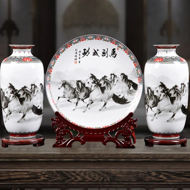 

Ceramic ornaments three sets Jingdezhen horse vase set household living room flower arrangement modern simple office ornaments