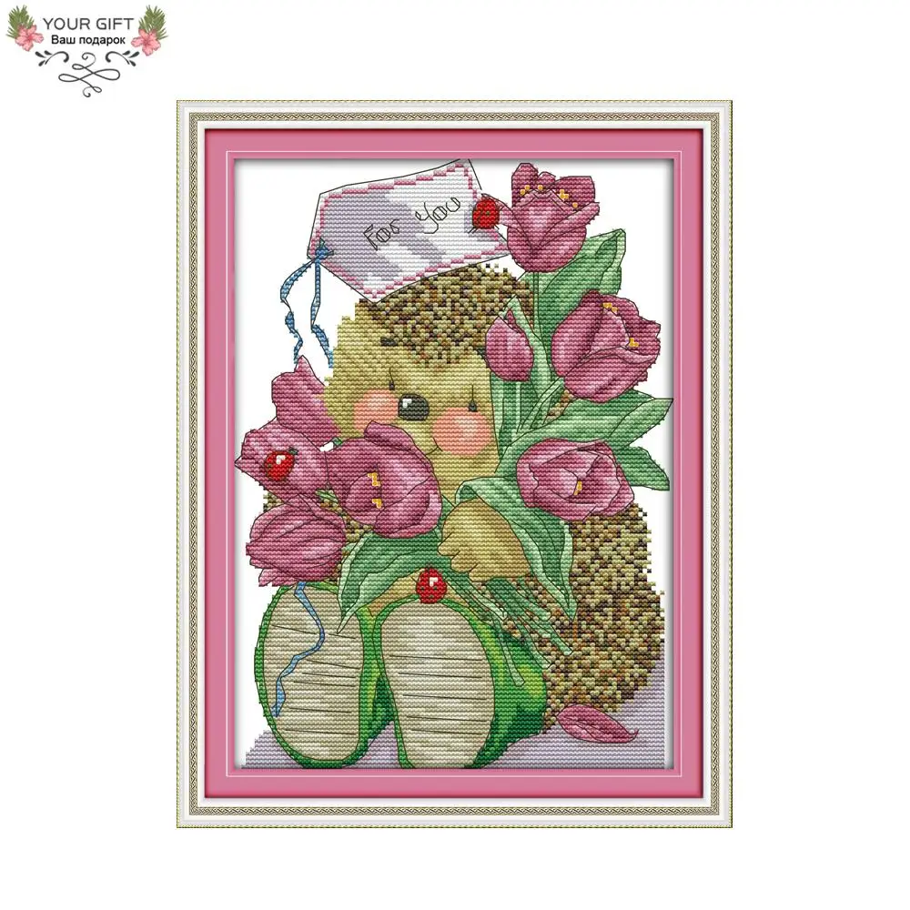 Joy Sunday Tulips and A Little Hedgehog Home Decor, K623 Counted Stamped Animal Flower Needlework, Embroidery Cross Stitch Ki