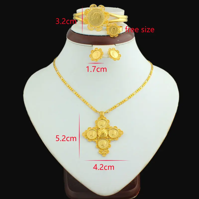 Nieuwste Ethiopische 5 stks Coin Cross Bruiloft Sieraden Sets 24 K Goud Kleur Bridal Romantische Habesha Sieraden voor Vrouwen Beste geschenken