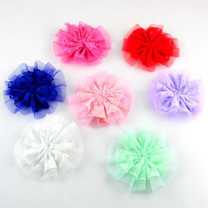 

30pcs/lot 3.5" Handmade Fabric Soft Silk Lace Flower For Kids Girl Headband Apparel Accessories Mesh Chiffon Flower For Headband