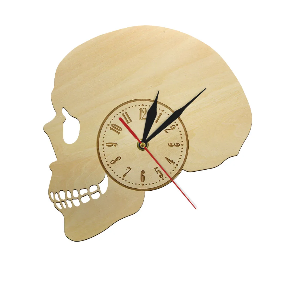 Skull Head Wooden Wall Clock Halloween Horror Skeleton Head Decor Watch Human Facial Bones Dead Skeleton Cranium Wood Art