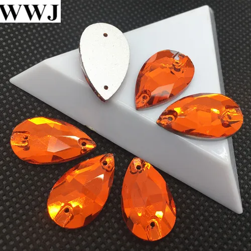 15Pcs/Lot Orange Red Color Teardrop Sew On Stone Flatback 2 Holes 17x28mm Pear Drop Sewing Glass Crystals 2Holes Dress