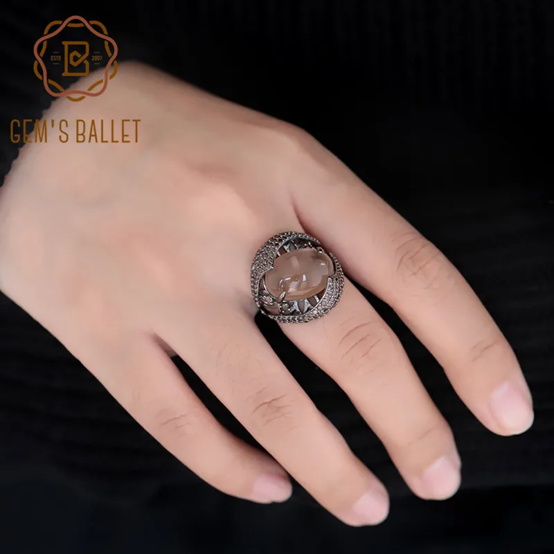 GEM'S BALLET Oval Natural Smoky Quartz Ring Genuine 925 Sterling Sliver Vintage Gothic Punk Rings For Women Party Fine Jewelry