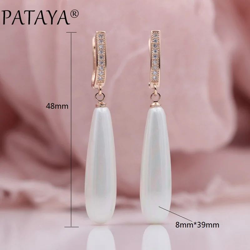 PATAYA New Fashion Multicolor Long Imitation Pearls Natural Zircon Dangle Earrings 585 Rose Gold Color Women Wedding Jewelry