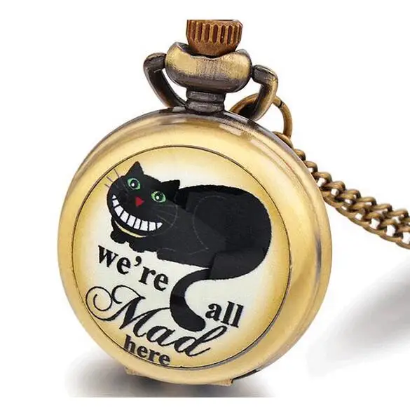 

New Alice in Wonderland We're All Mad Here Quartz Pocket Watch Analog Pendant Necklace Mens Womens Gift P14