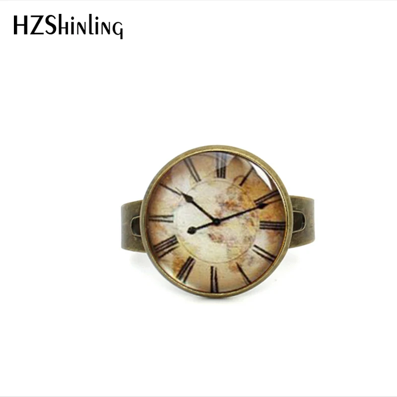 2017 New Style Vintage Clock Ring Antique Brass Jewelry Glass Cabochon Ring Steampunk Clocks Adjustable Rings For Women