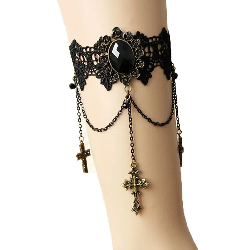 Handmade Womens Flower Black Lace Rhinestone Cross Drop Dangle Bronze Arm Band Armband Armlet Gothic Dance Vintage Fashion Retro