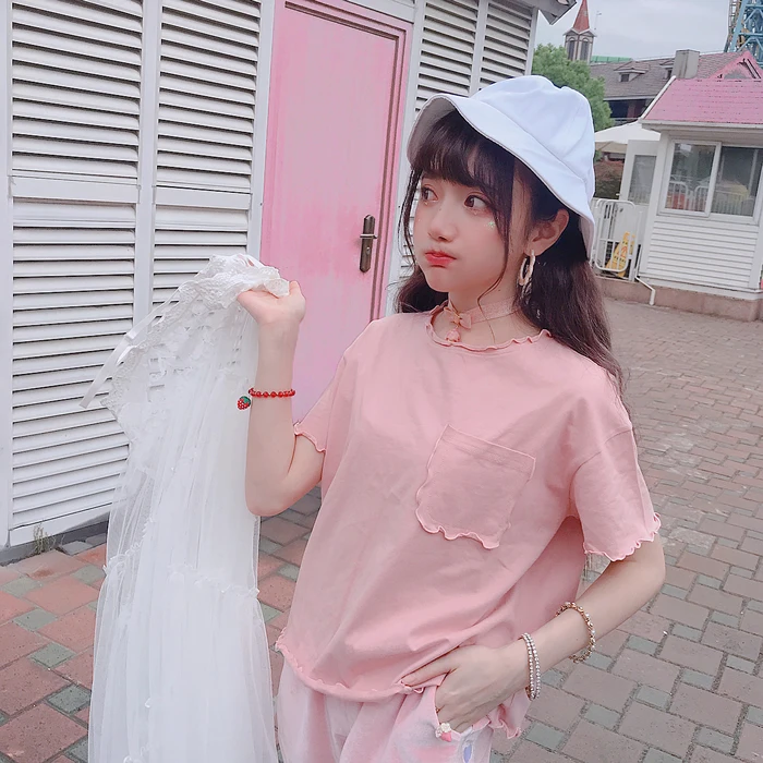 Princess sweet lolita T-shirts Summer round collar pink girl ruffles Foundation ins super - Fire short sleeved T - shirt T1616