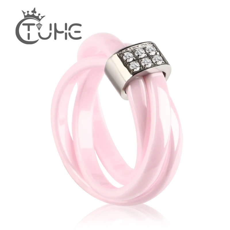 Romantic Pink 3 Cross Ceramic Ring Lady Accessories Pink Color Sex Zircon Cross Ring Stainless Steel Wedding Rings For Women