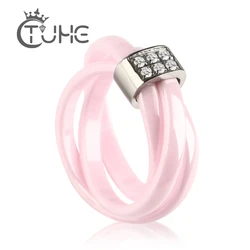 Romantic Pink 3 Cross Ceramic Ring Lady Accessories Pink Color Sex Zircon Cross Ring Stainless Steel Wedding Rings For Women