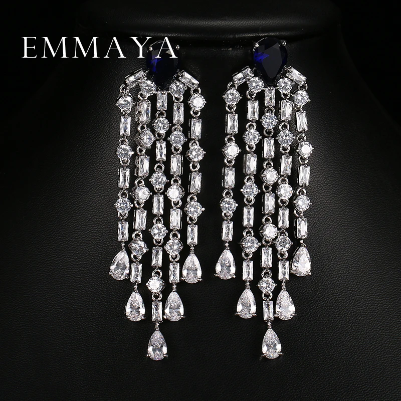 Emmaya Luxury Red Green Clear Blue Long Earrings For Women Wedding Party Drop AAA Shiny Cubic Zirconia Tassel Dangle Jewelry