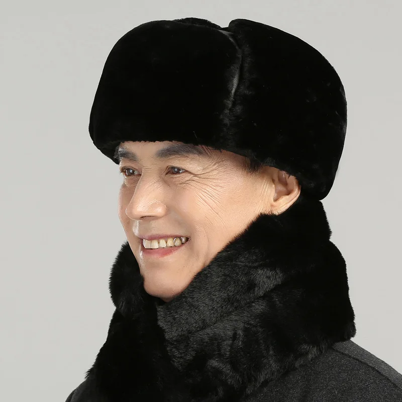 Genuine Leather Bomber Hat Middle-aged Elderly Men\'s Winter Earmuffs Cap Dad Warm Thickened Casual Fashion Scarf Hats H7140