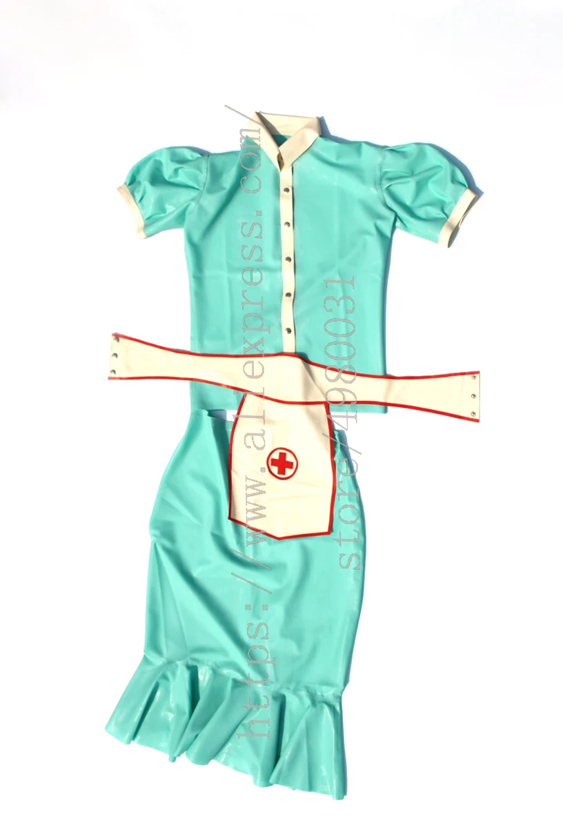 

Women's uniform nurse latex suit including tops and skirt including apron and cap in laker blue color