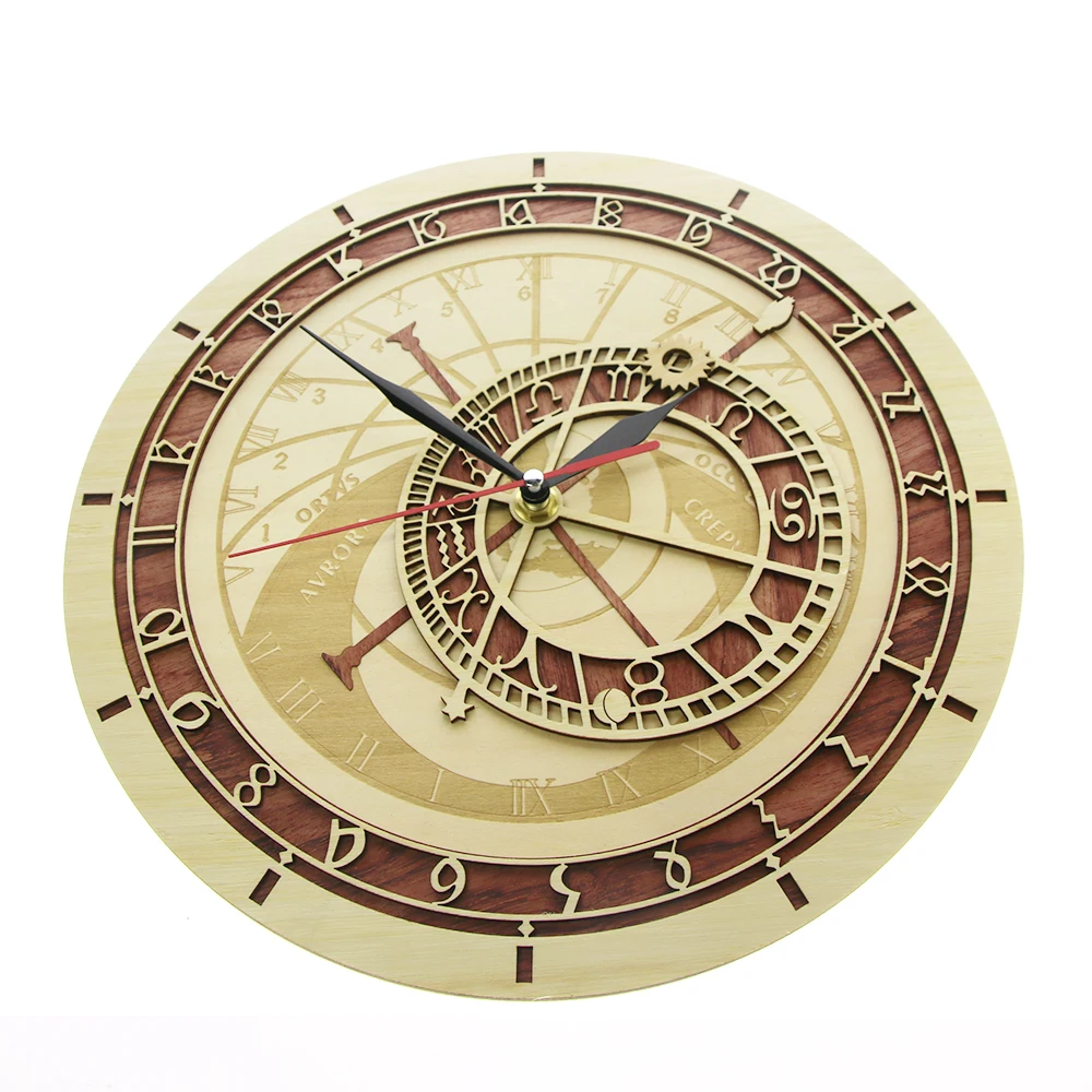 Prague Astronomical Clock in Wood Czech Republic Medieval Astronomy Wall Art Astrology Decorative Wall Watch Artwork Prague Gift