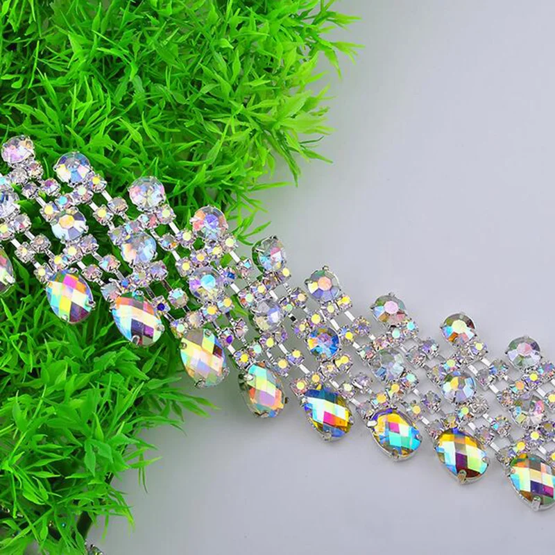 10Yards Luxury Crystal AB Silver Tone Rhinestone Trim Pretty Chain Sewing Craft DIY For Gown Evening Dress Decor Free Shipping