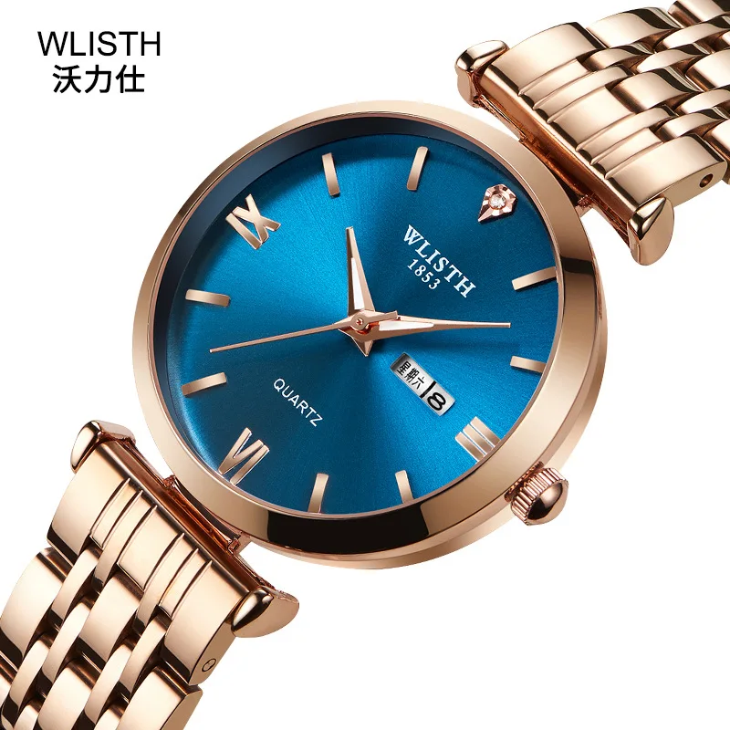 Wlisth Top Brand Women Gold Luxury Stainless Steel Week English Display Date Men Quartz Clock Casual Business Women Wrist Watch