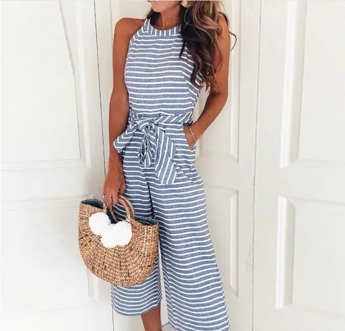 Sang Trọng Gợi Cảm Bộ Đồ Bay Jumpsuits Nữ Không Tay Sọc Rời Quần Quần Ống Rộng Rompers Ngày Lễ Thắt Lưng Leotard Áo Liền Quần