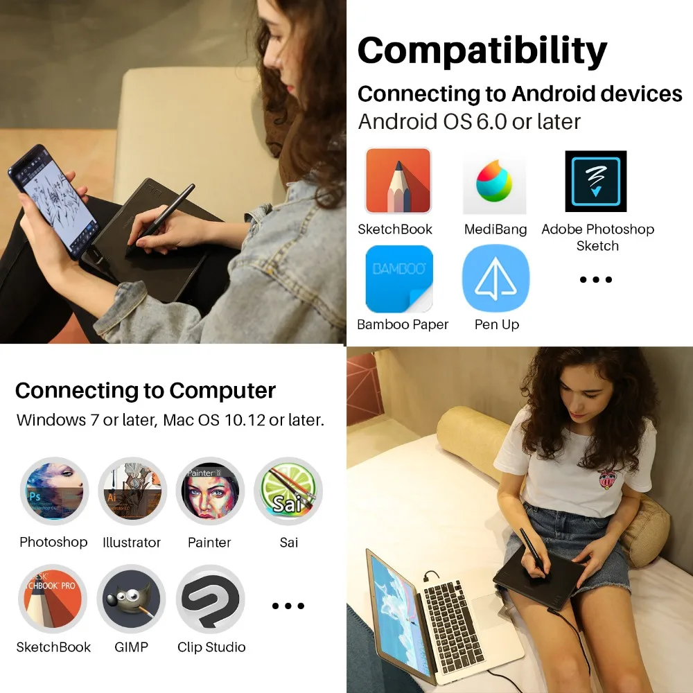 Huion-HS64グラフィックタブレット,バッテリー不要のペン,カスタムプレスキー,Androidサポート,6x4インチ