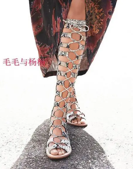 Stylish Snake Print Leather Flat Strappy Sandal Boots Peep Toe Cut-out Gladiator Sandal Boots Summer Dress shoes woman Size 34-4