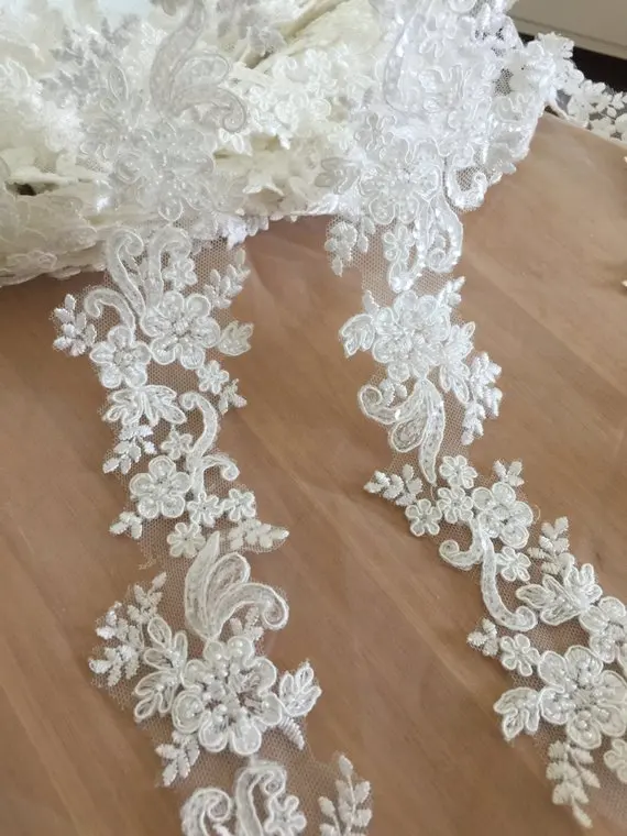 5 Yards Thin Pearl Beaded Lace Trim in Ivory , Bridal Veil Straps for Wedding Sash, Headband Jewelry Costume Design