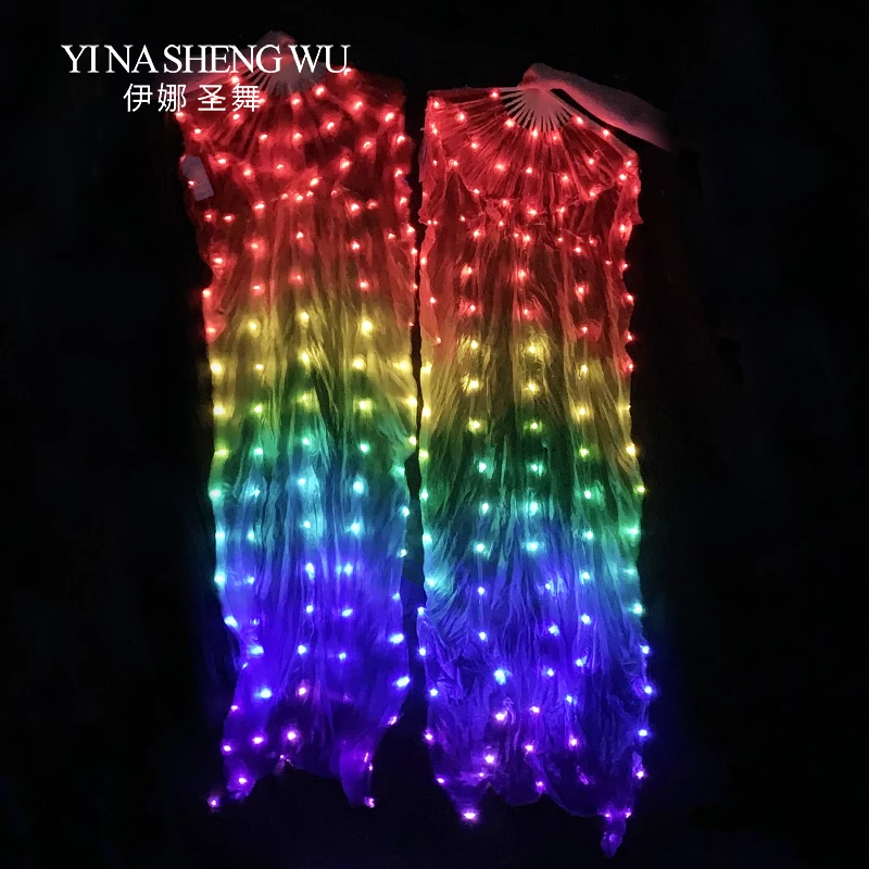 Silk LED Rainbow Dance Fans Women Belly Dance Performance Props 1 Pair Left+Right Hand White Rainbow Colors Belly Dance LED Fans