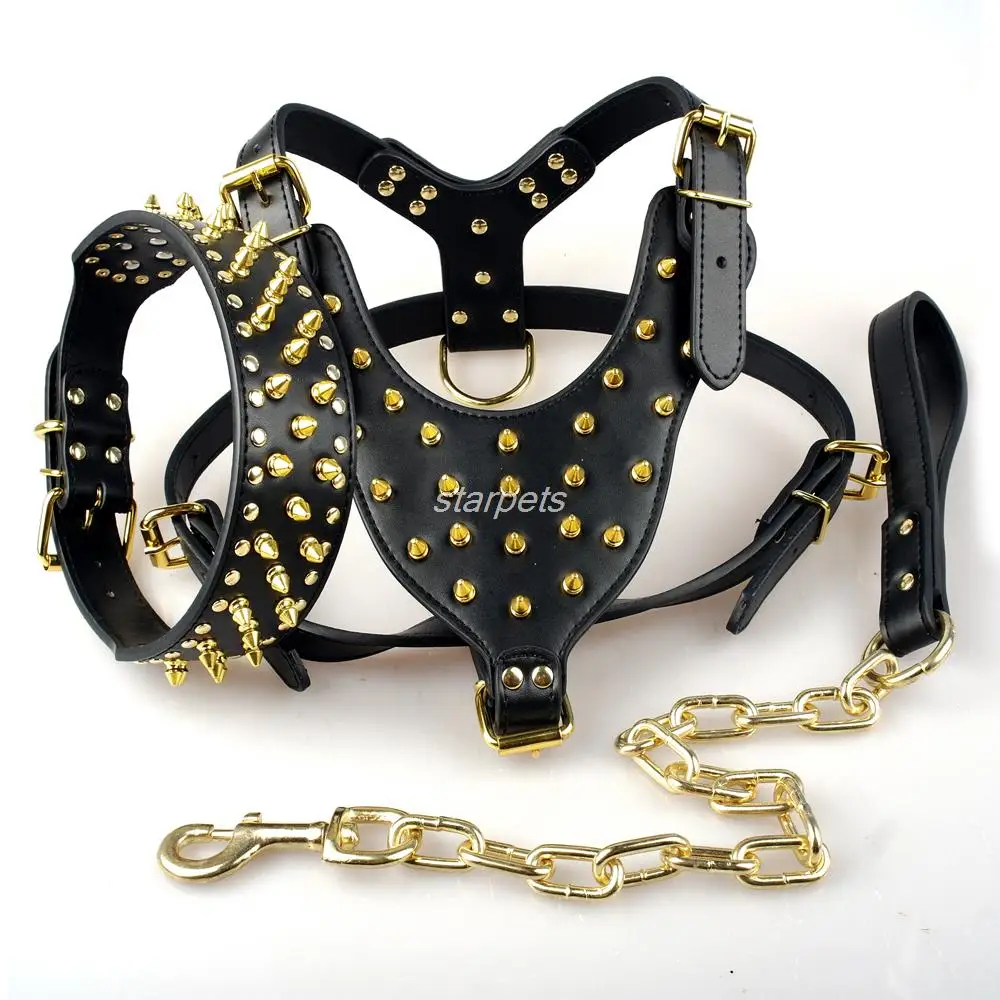 

Cool Spiked Studded Leather Dog Harness Rivets Collar and Leash Set For Medium Large Dogs Pitbull Bulldog Bull Terrier 26"-34"