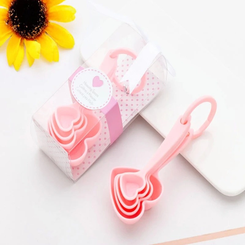 100 sets/lot 4pcs Creative heart shaped measuring spoon set Plastic measure spoons for Wedding Party gift Baby shower favors