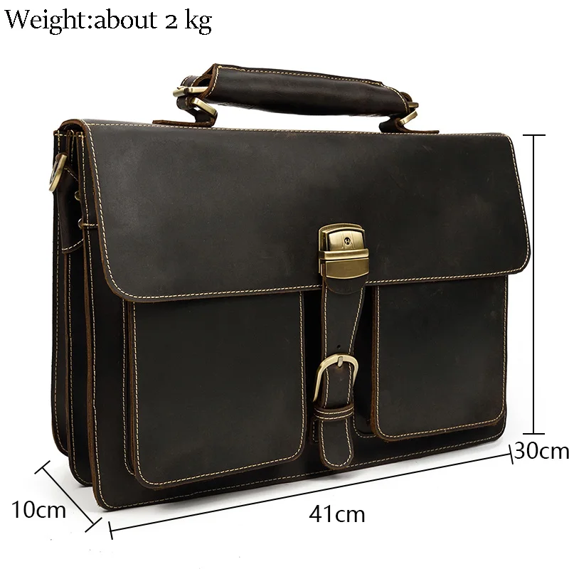 Men Big Briefcase Full Grain Cow Leather Business Bag Retro Crazy Horse Leather 16inch Laptop Work Tote Dark Brown Shoulder Bag