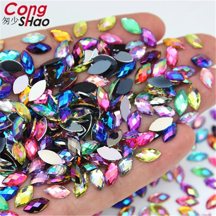 5*10mm Acrylic AB Rhinestones Eye Shape Crystal AB Flat Back 3D Nail Art Rhinestones Flatback Stones For Face Decorations WC366