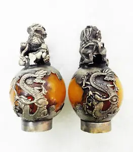 

Tibet Silver Dragon Yellow Phoenix Ball Foo Fu Dog Guardion Lion Pair Statue wholesale factory BRASS Arts outlets